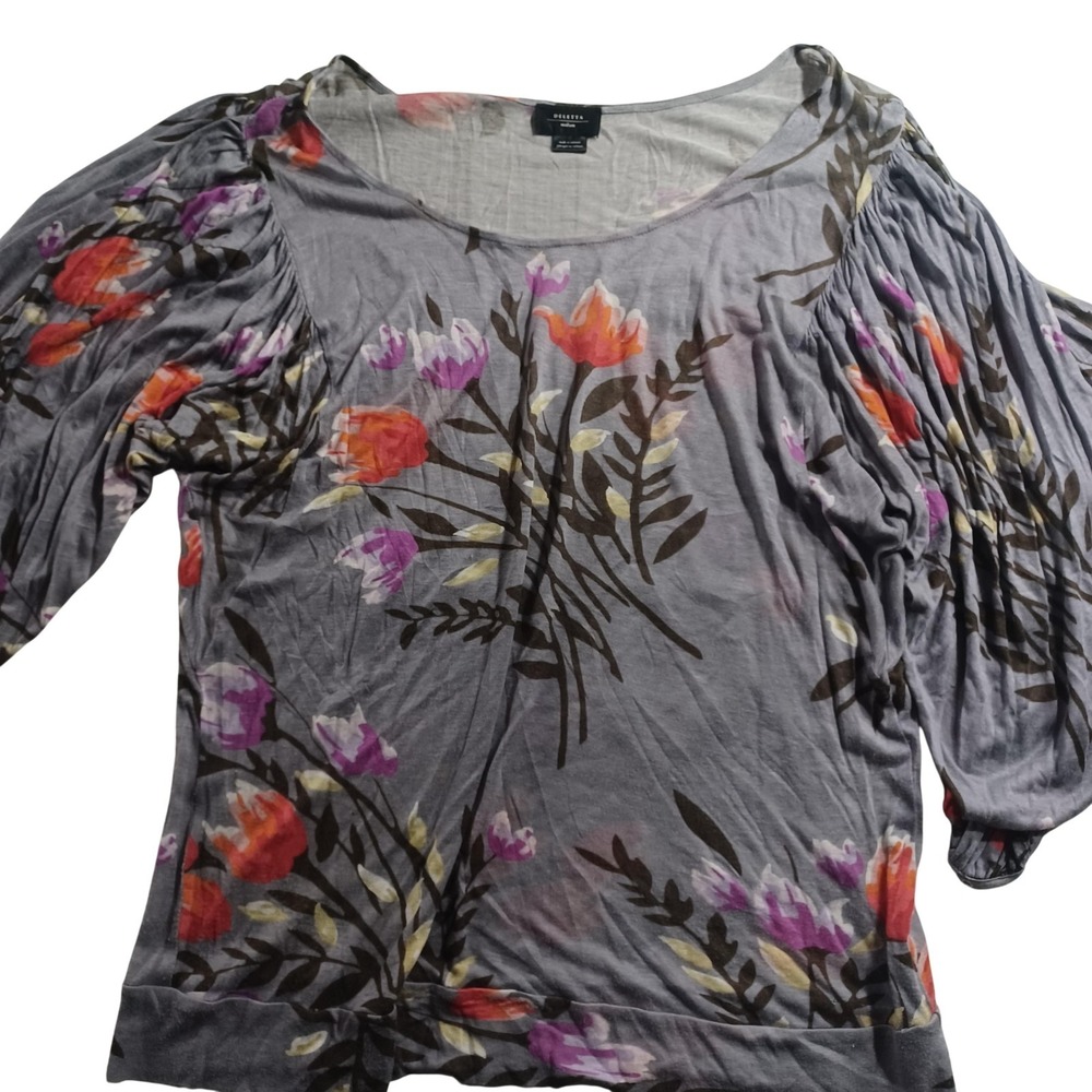 Deletta Blouse Womens M Gray Scoop Neck Long Sleeve Floral Tunic Rayon Silk